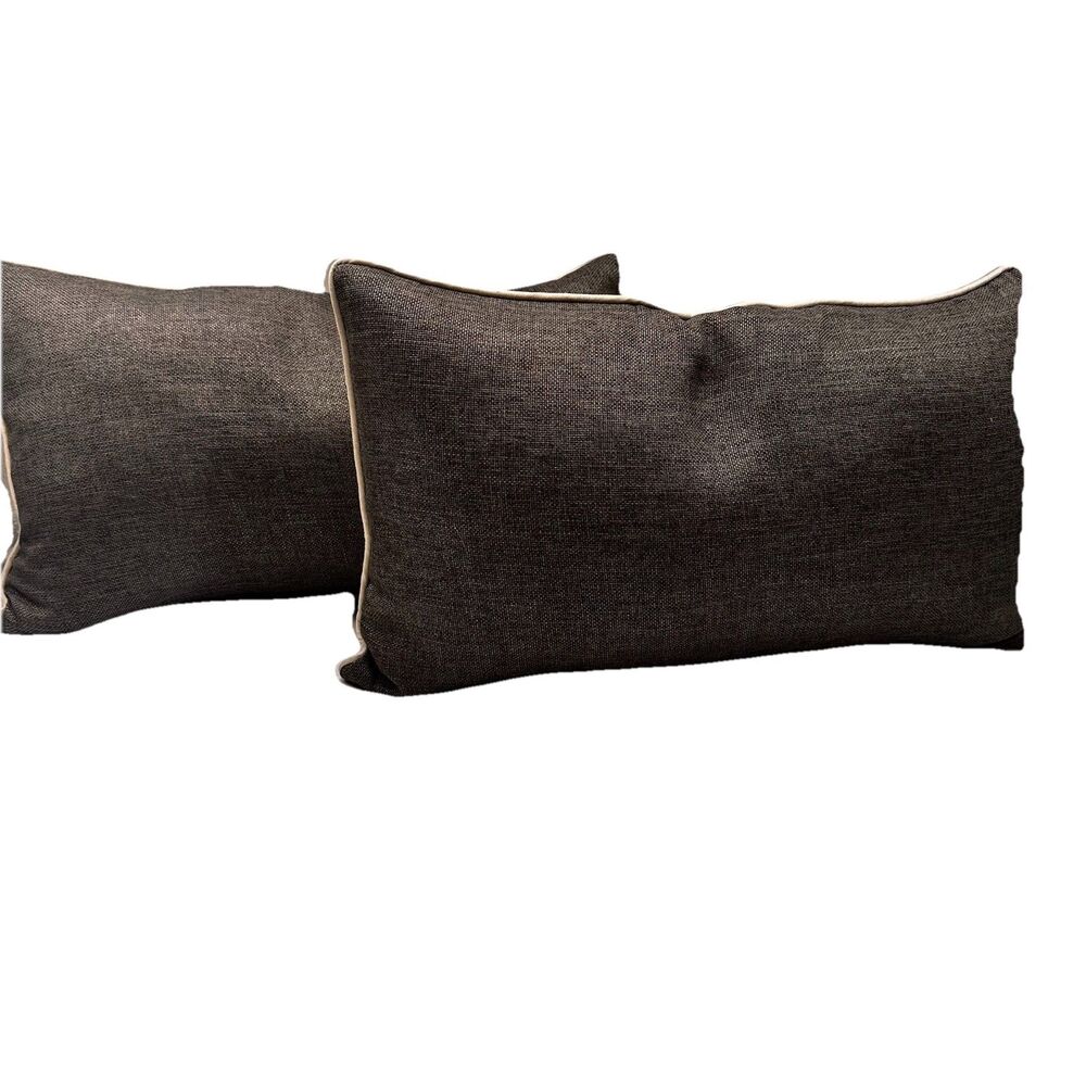 Set Of 2 Feather Down Accent Throw Pillows Gray Textured 19x11 Removable Covers - Picture 2 of 7